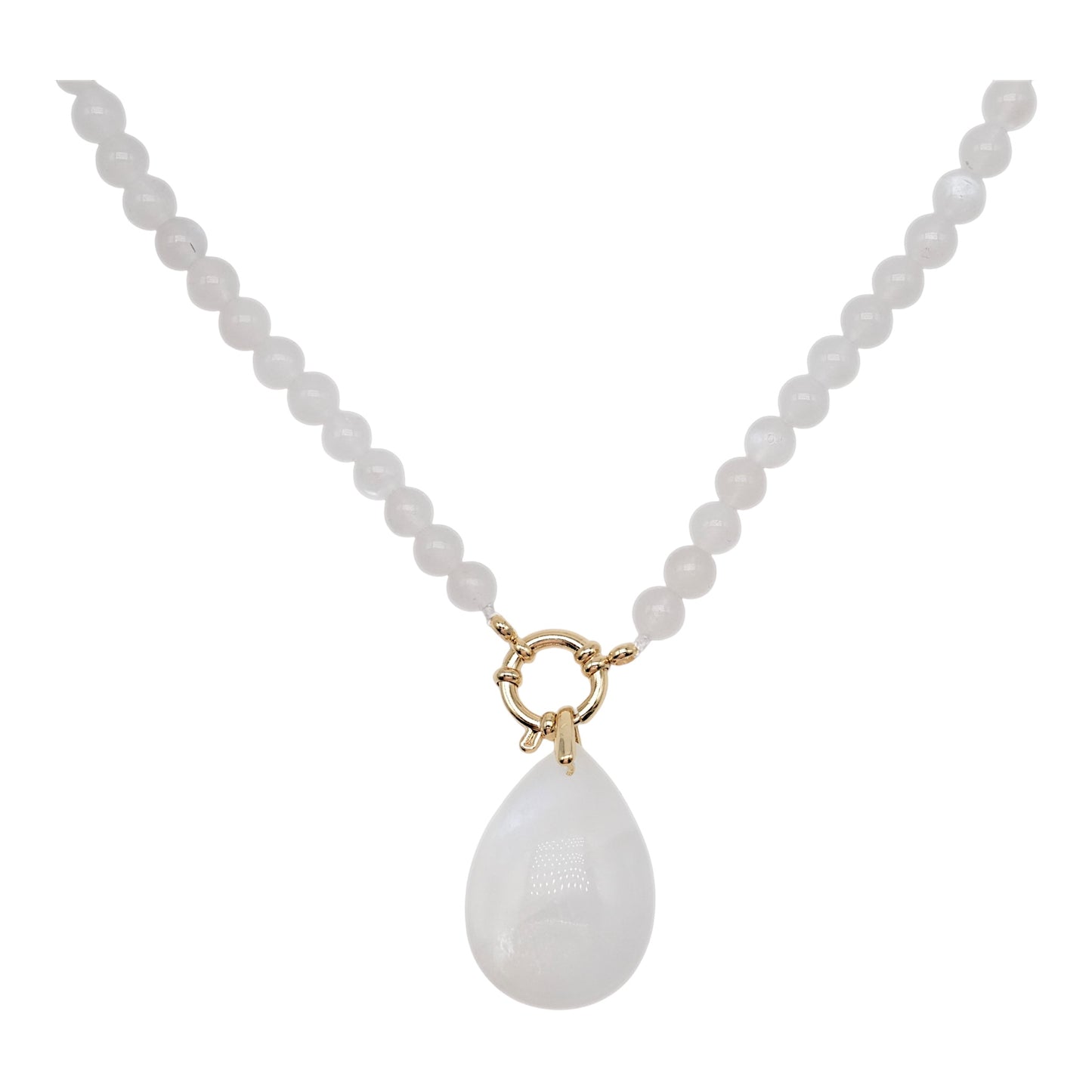 Collier boule en Pierre de lune bleutée A attache bouée en acier doré avec pendentif