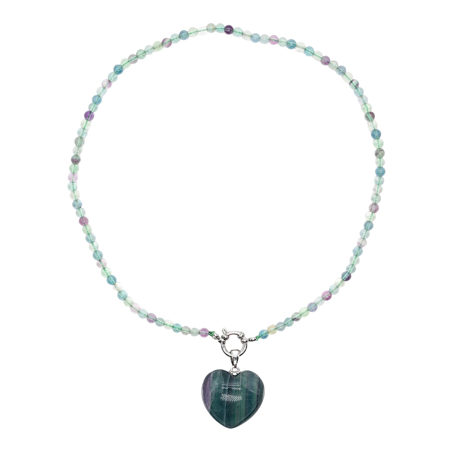 Collier avec pendentif Fluorine multicolore forme cœur acier inoxydable argenté