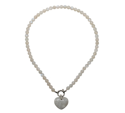 Collier en Pierre de lune bleutée attache bouée en acier argenté avec pendentif coeur