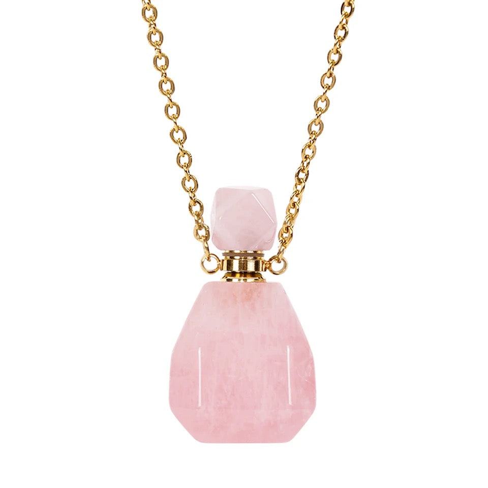 Collier fiole en quartz rose pour huile essentiel/parfum