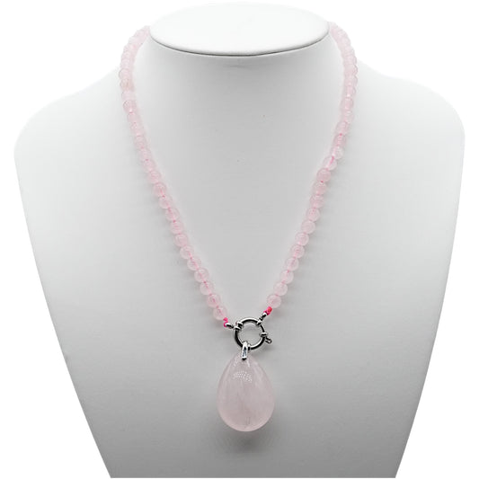 Collier boule en Quartz rose attache bouée en acier argenté avec pendentif