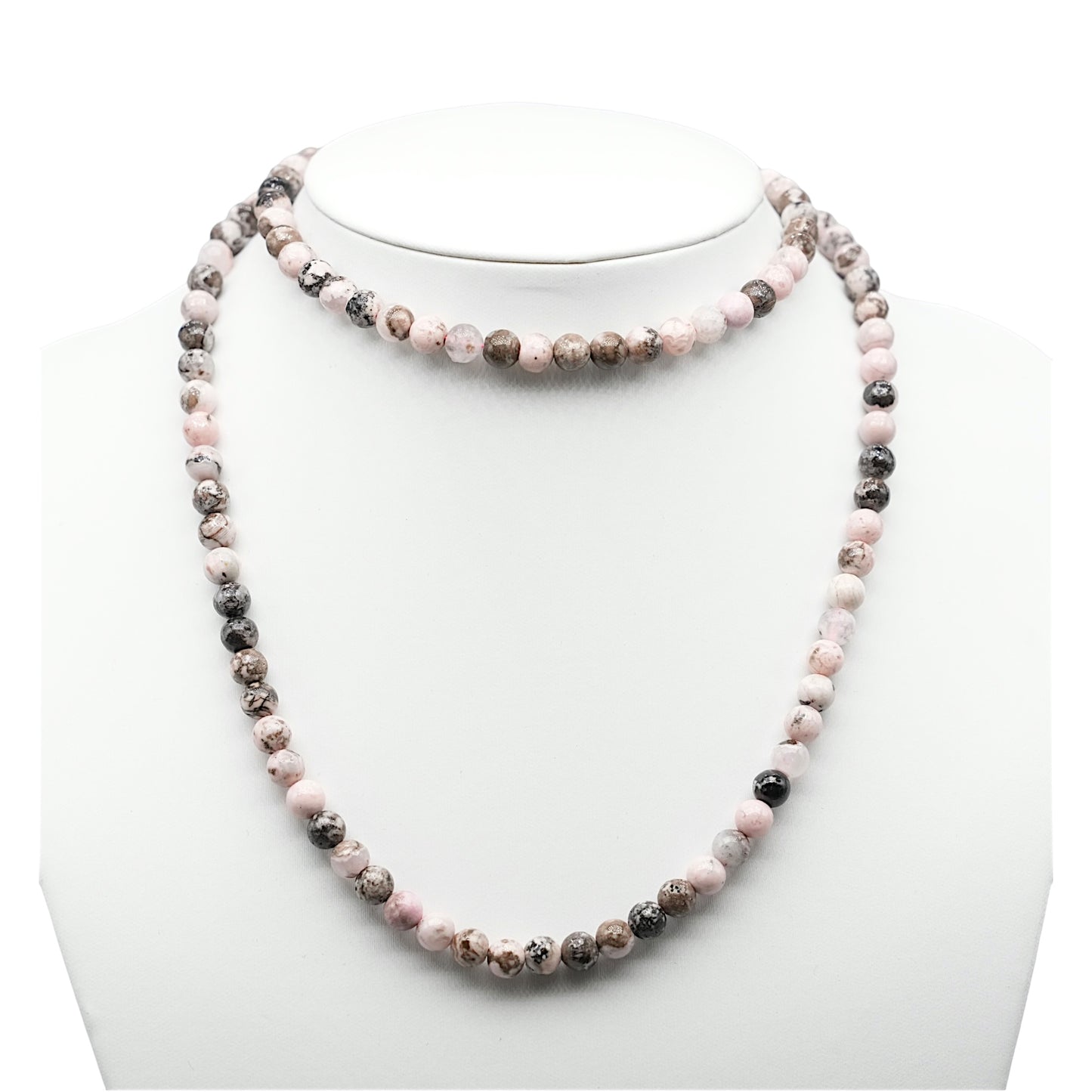 Collier sautoir 75 cm Rhodonite d’Afrique 6 mm avec fermoir en acier inoxydable argenté