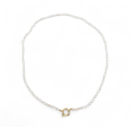 Collier en perles d’eau douce 3.5 mm attache bouée en acier doré numero 6