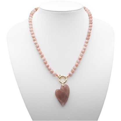 Collier boule 6 mm en Pierre de lune rose attache bouée en acier avec pendentif facetté coeur