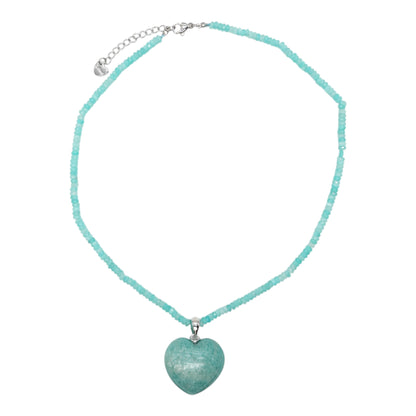 Collier facetté avec pendentif Amazonite forme cœur acier inoxydable argenté