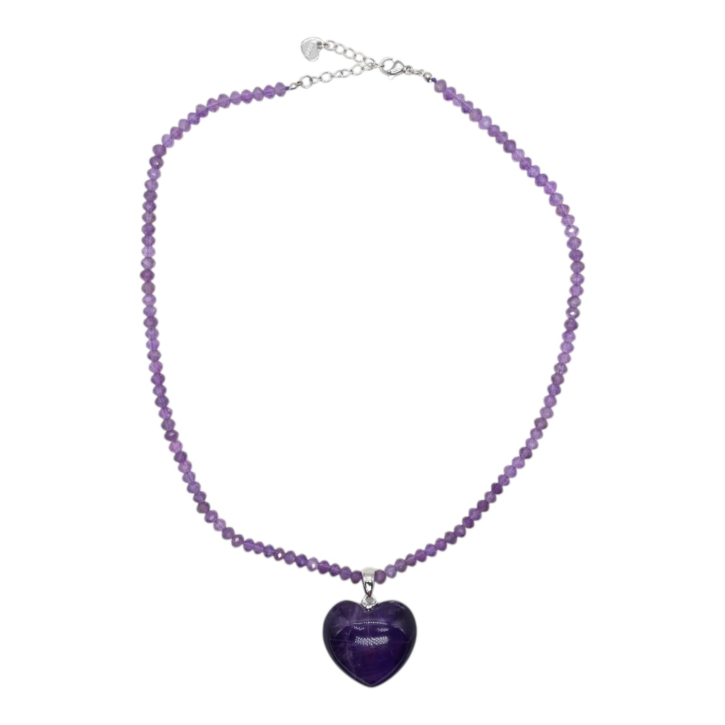 Collier facetté avec pendentif Améthyste forme cœur acier inoxydable argenté