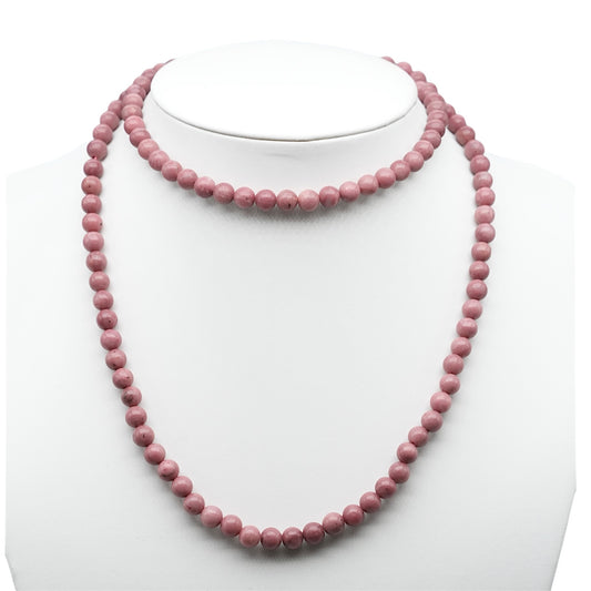 Collier sautoir 75 cm Rhodonite rose 6 mm avec fermoir en acier inoxydable argenté