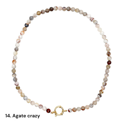 Collier 43 cm 6 mm avec fermoir bouée en acier inoxydable dorée ou argenté (20 pierres disponibles)