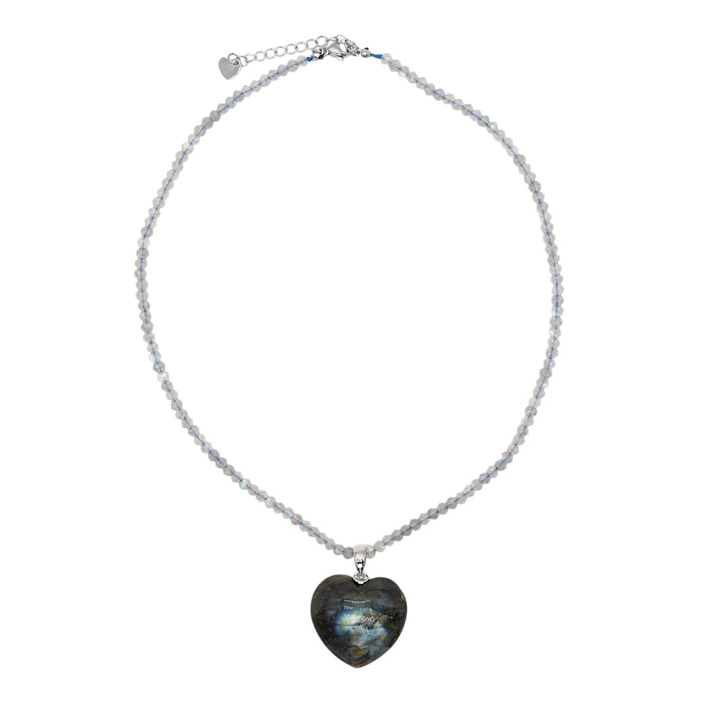 Collier facetté avec pendentif Labradorite forme cœur argenté