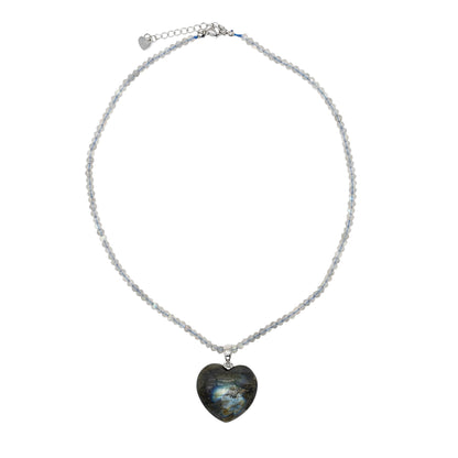 Collier facetté avec pendentif Labradorite forme cœur argenté