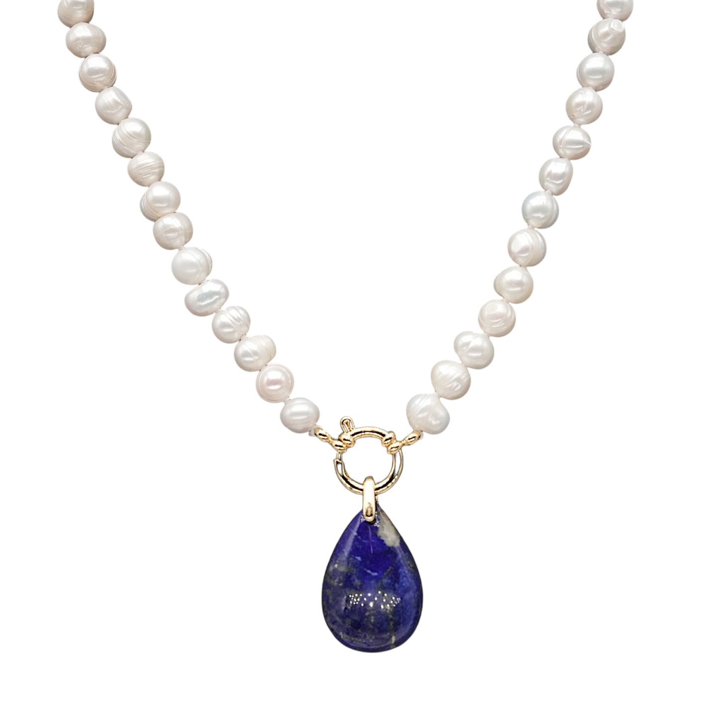 Collier perle d’eau douce 7-8 mm bouée en acier avec pendentif Lapis