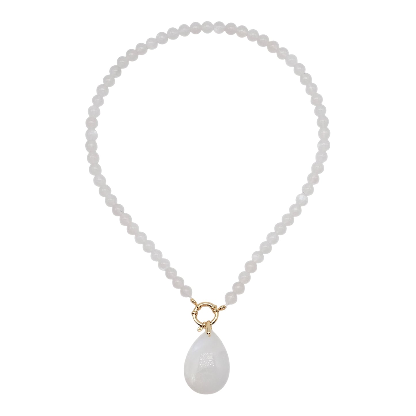 Collier boule en Pierre de lune bleutée A attache bouée en acier doré avec pendentif