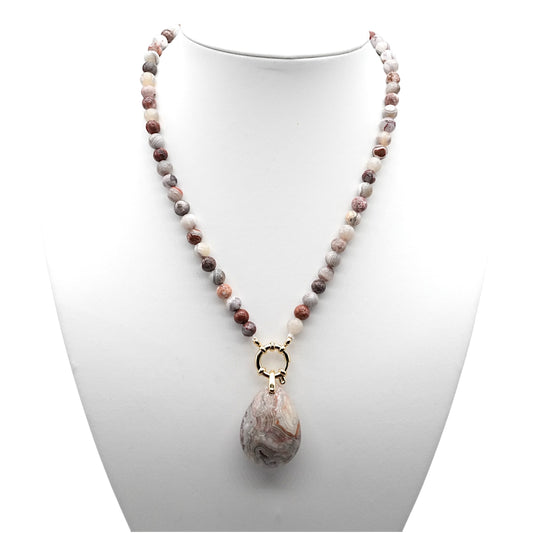 Collier boule en Agate crazy attache bouée en acier avec pendentif goutte 6mm