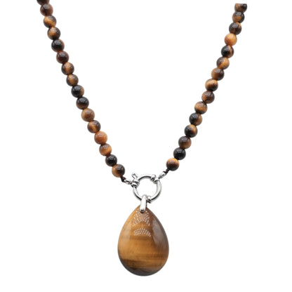 Collier boule en Œil de tigre A attache bouée en acier argenté avec pendentif