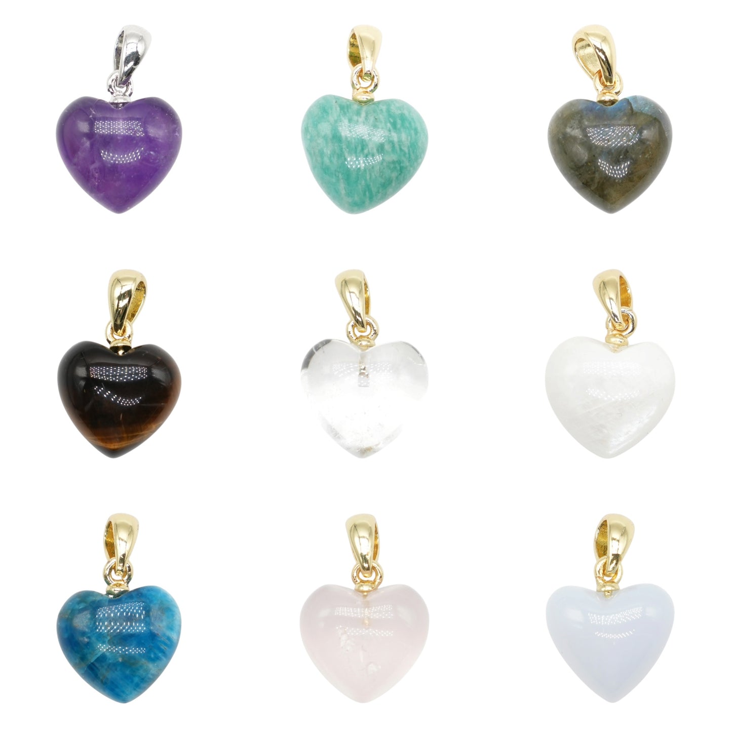 Pendentif coeur 15 mm (laiton doré ou argenté) (12 pierres disponible)