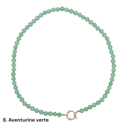 Collier 43 cm 6 mm avec fermoir bouée en acier inoxydable dorée ou argenté (20 pierres disponibles)