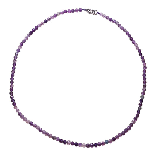 Collier en Fluorine violette perle facettée 4 mm acier inoxydable argenté