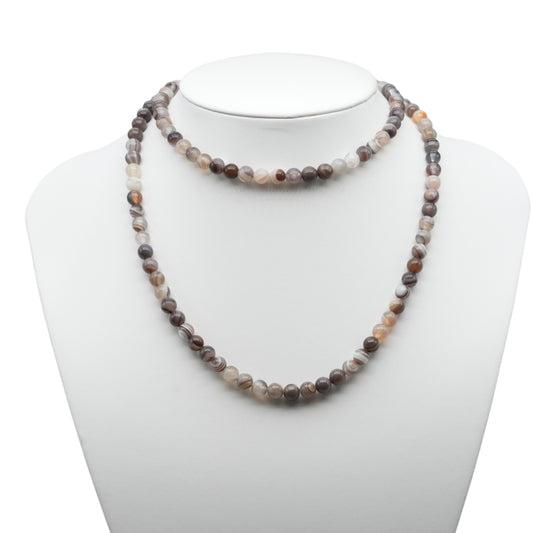 Collier sautoir 75 cm Agate du Botswana marron 6 mm avec fermoir en acier inoxydable argenté