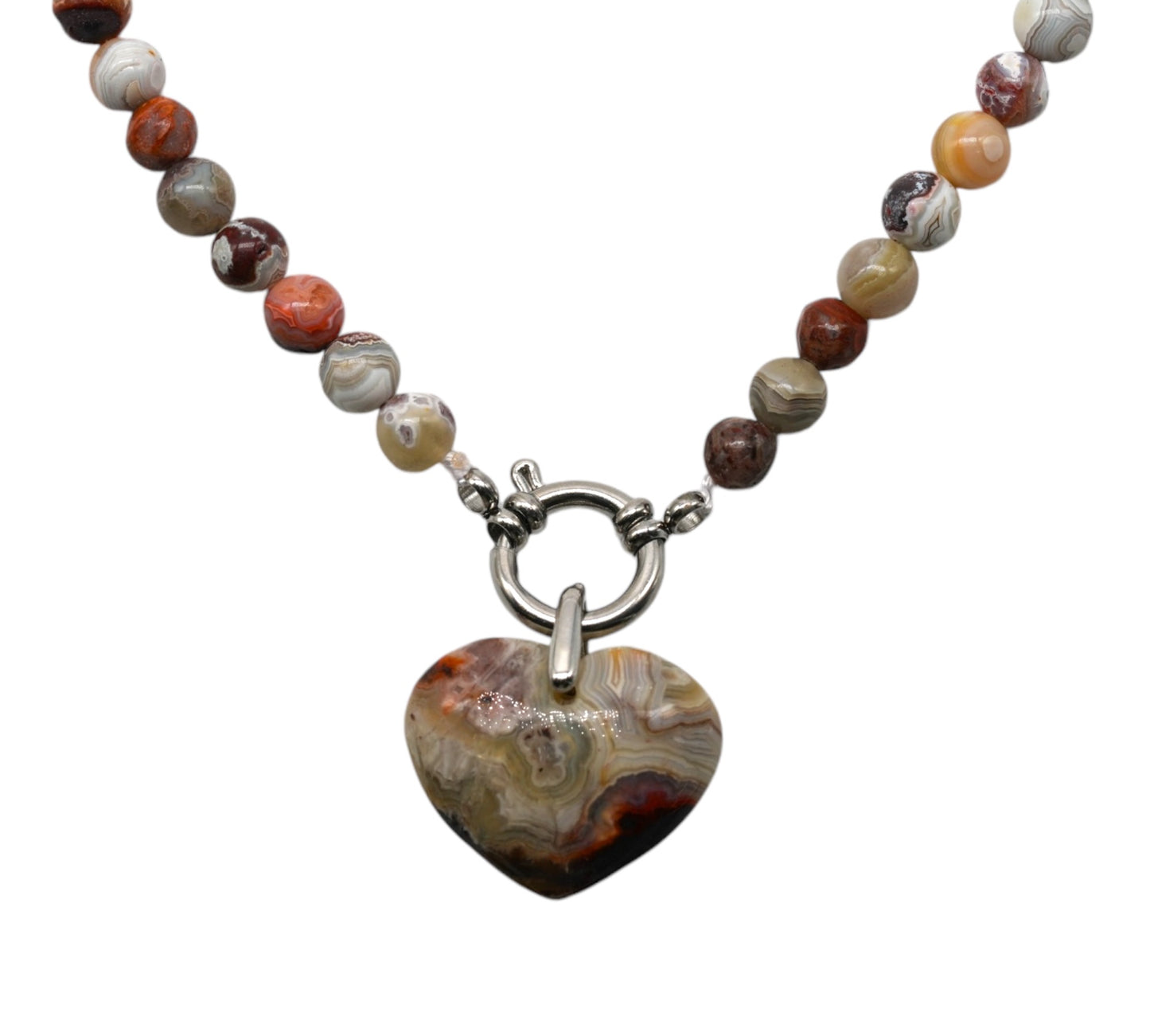 Collier boule en Agate crazy attache bouée en acier avec pendentif coeur 6mm