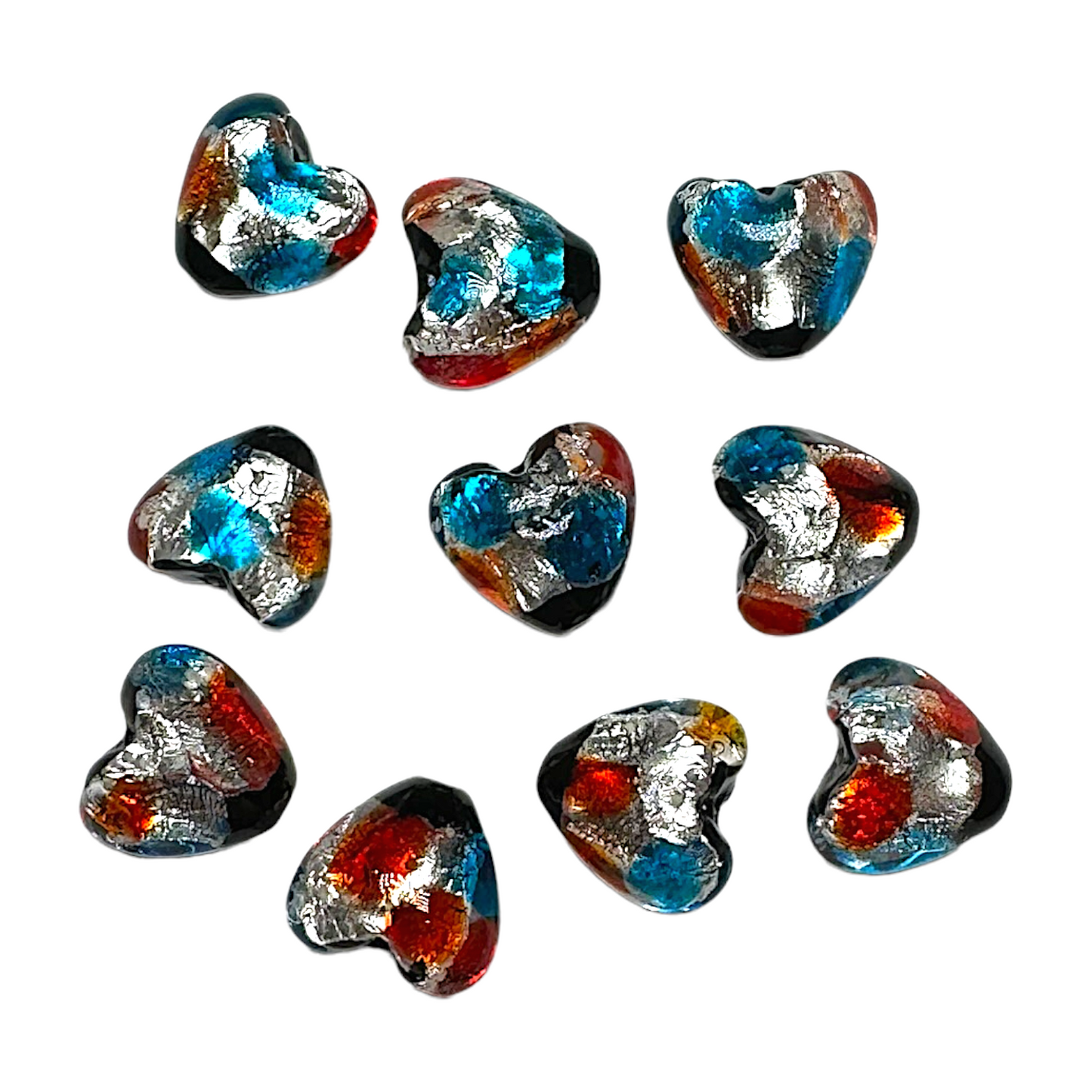 10 perles de verre phosphorescente coeur bleu claire et orange #32