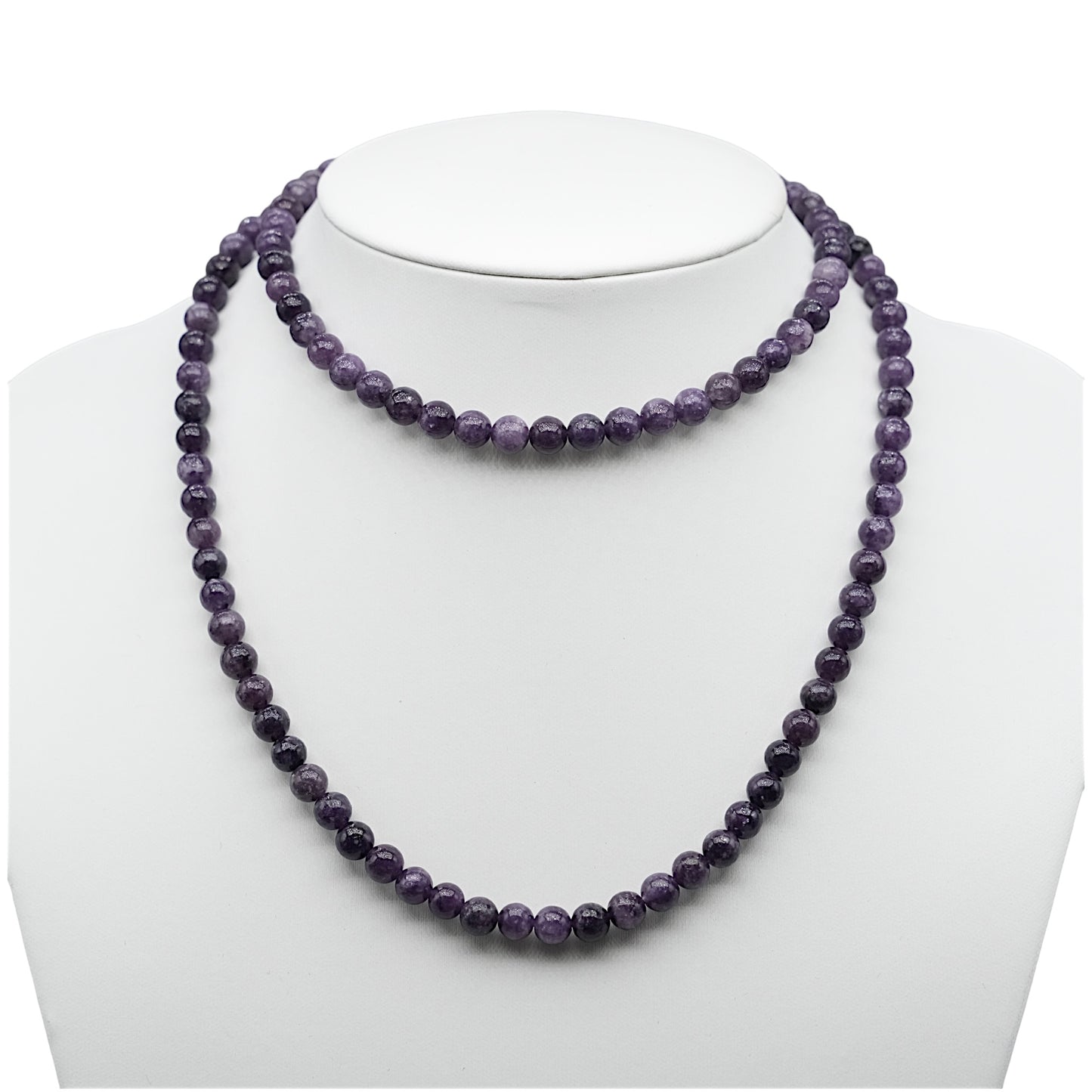 Collier sautoir 75 cm Lepidolite foncé 6 mm avec fermoir en acier inoxydable argenté