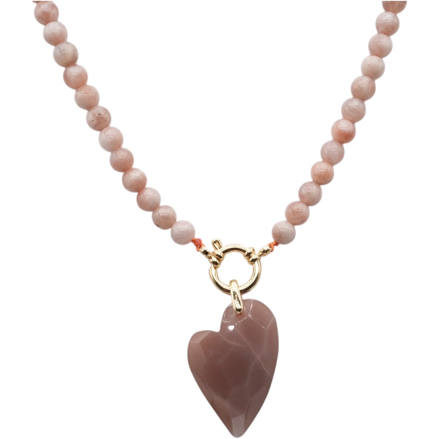 Collier boule 6 mm en Pierre de lune rose attache bouée en acier avec pendentif facetté coeur