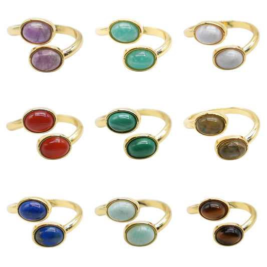 Bague DUO en laiton rhodié & pierre naturelle dorée (Réglable)