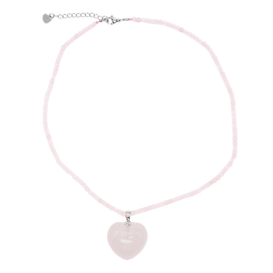Collier facetté avec pendentif quartz rose forme cœur acier inoxydable argenté
