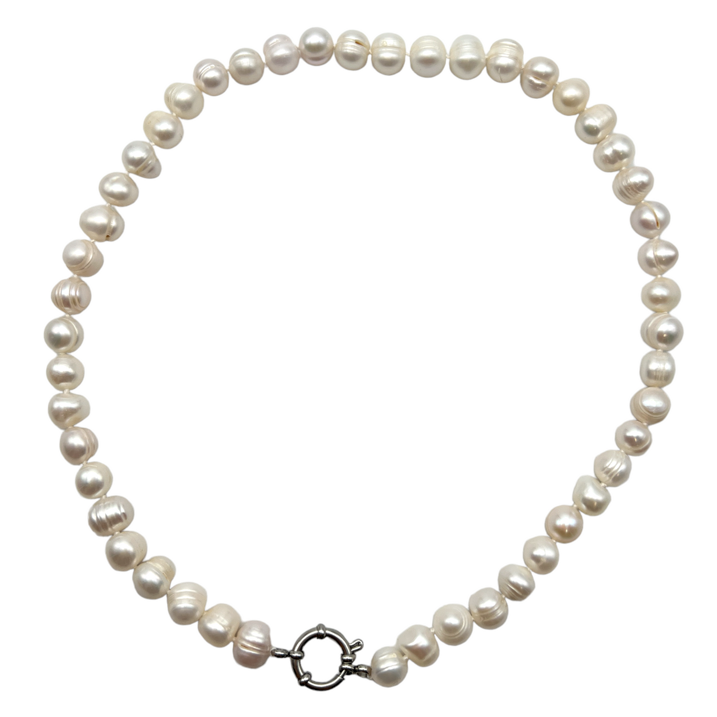 Collier en perles d’eau douce 9-10mm attache bouée en acier doré ou argenté numero 16