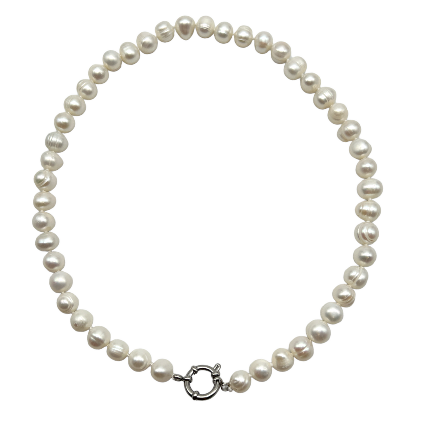 Collier en perles d’eau douce A 9-10mm attache bouée en acier doré ou argenté numero 17