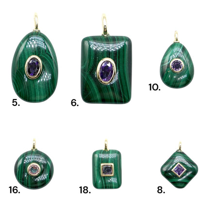 Collier/Pendentif en Malachite avec pierre Zircon couleur aléatoire (9 formes disponible)