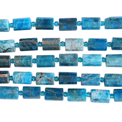 Fil de perle 10x14 mm Apatite bleue cylindre avec perles de rocaille (référence 109)
