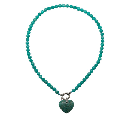 Collier en Amazonite du Pérou attache bouée en acier argenté avec pendentif coeur