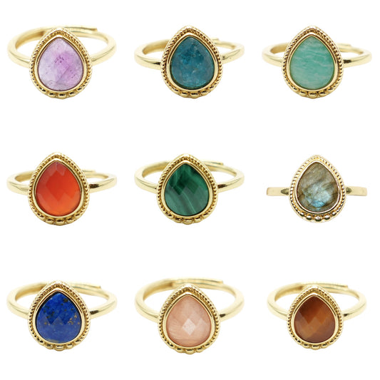 Bague en laiton rhodié & pierre naturelle dorée (Réglable) #12