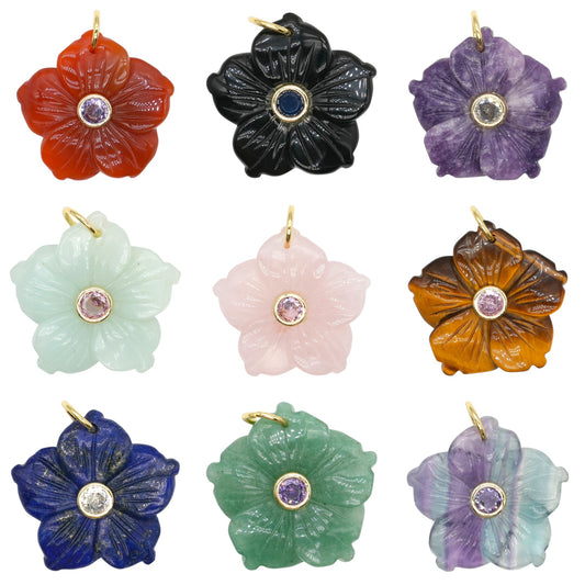 Pendentif fleur 30 mm avec pierre zircon aléatoire (12 pierres disponible) (bélière non incluse)