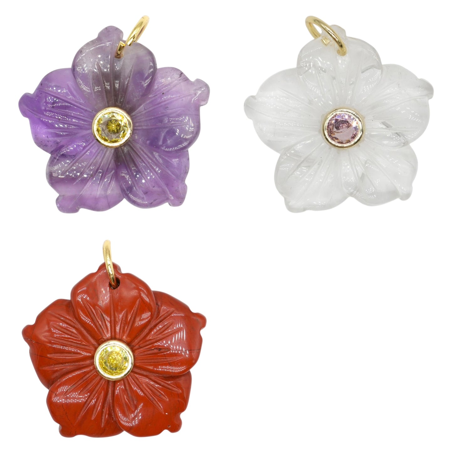 Pendentif fleur hibiscus 30 mm avec pierre zircon aléatoire (12 pierres disponible) (bélière non incluse)