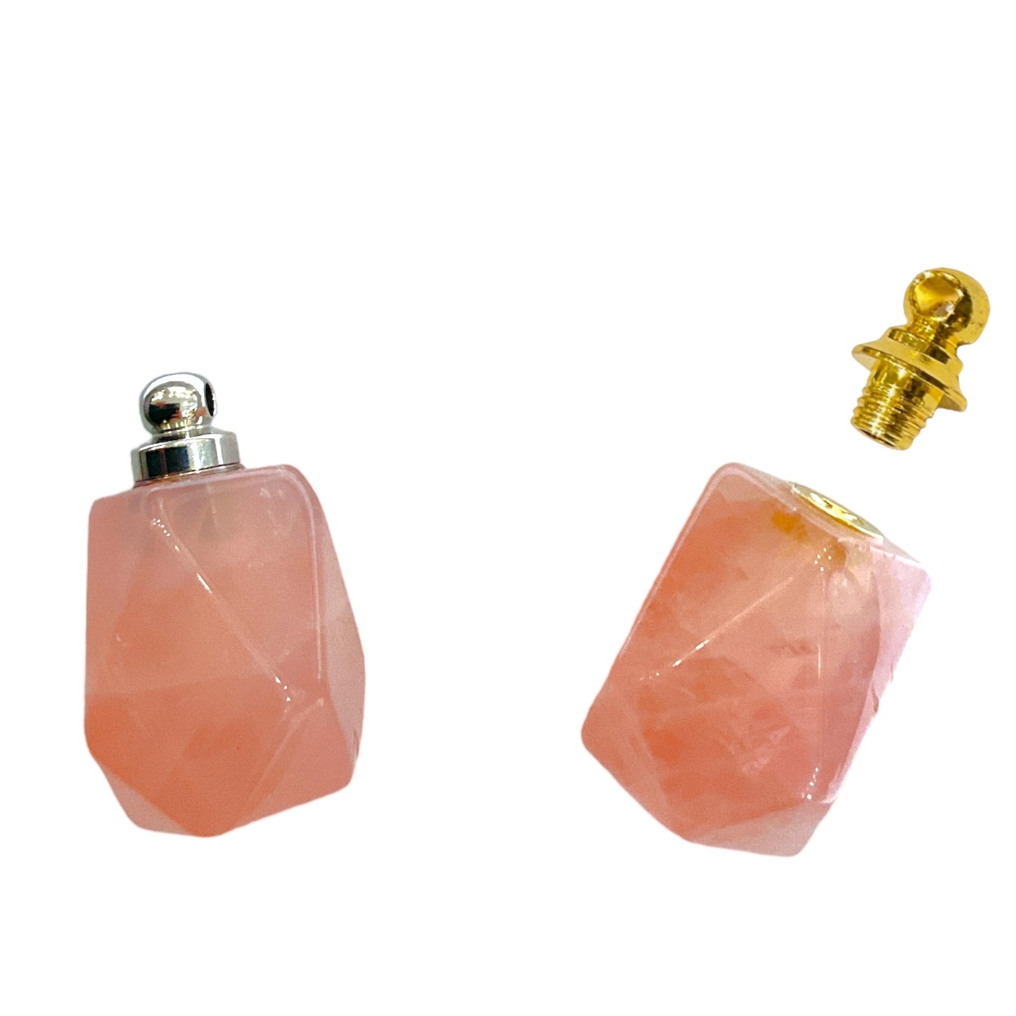 Pendentif fiole Quartz rose & acier en forme facetté pour huile essentielle/parfum