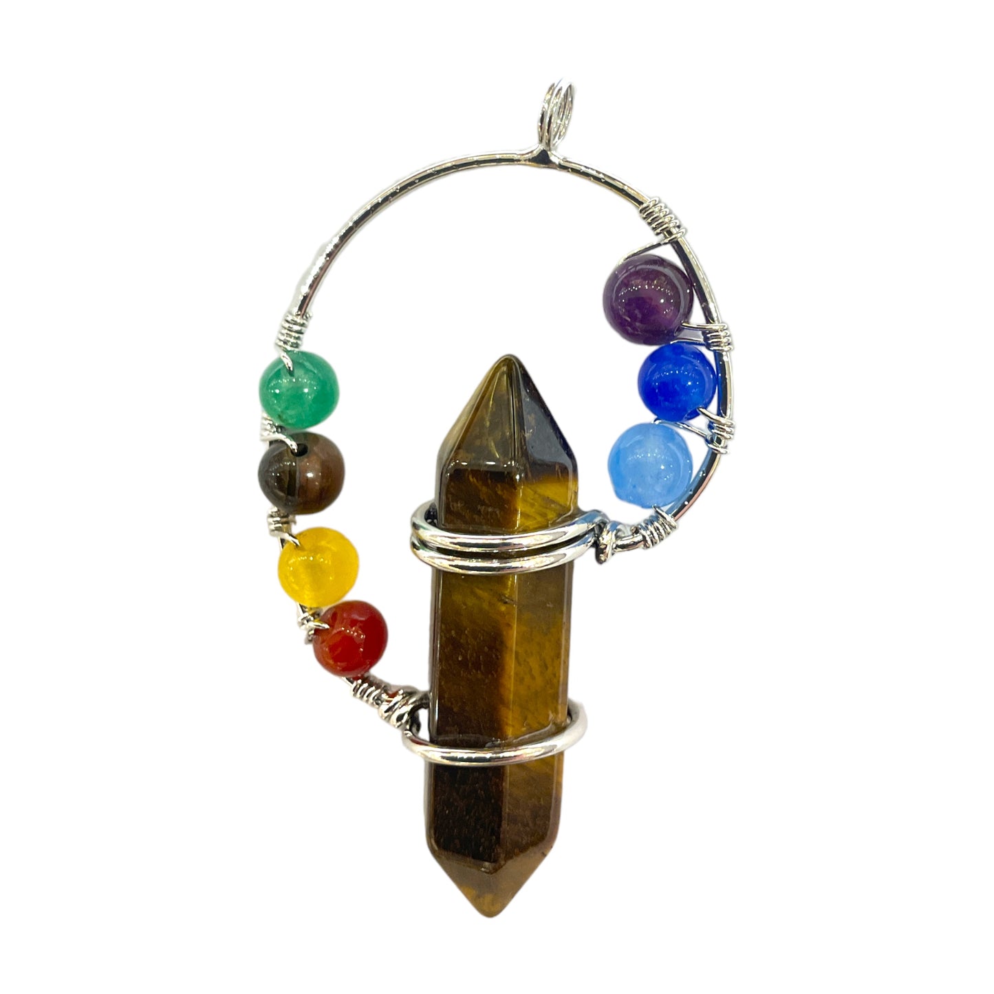 Pendentif Spirale d’or oeil de tigre et 7 chakras