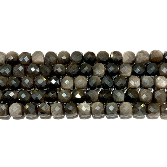 Fil de perles carrées facetté Obsidienne argentée 4x4 mm