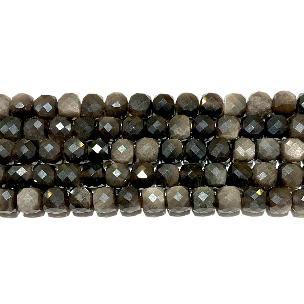Fil de perles carrées facetté Obsidienne argentée 4x4 mm
