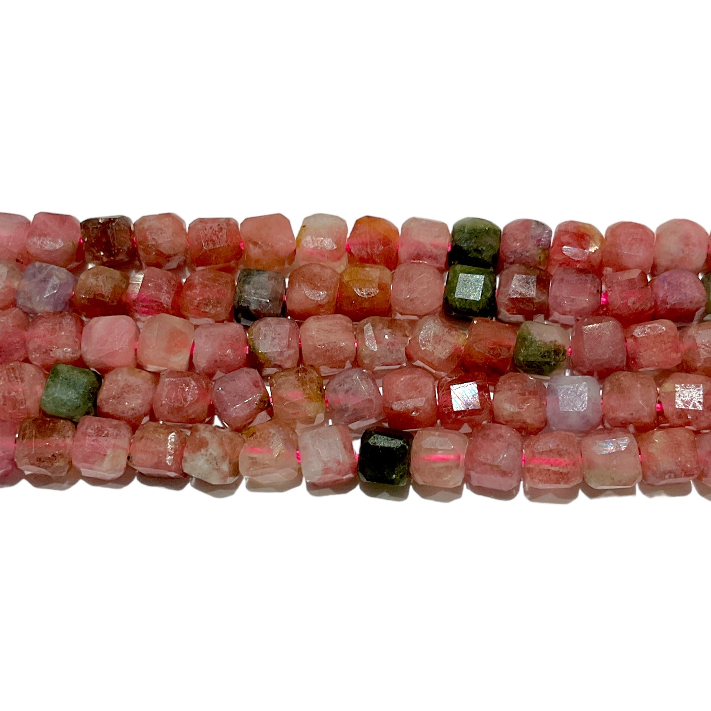 Fil de perles carrées Tourmaline multicolore rose 4x4 mm