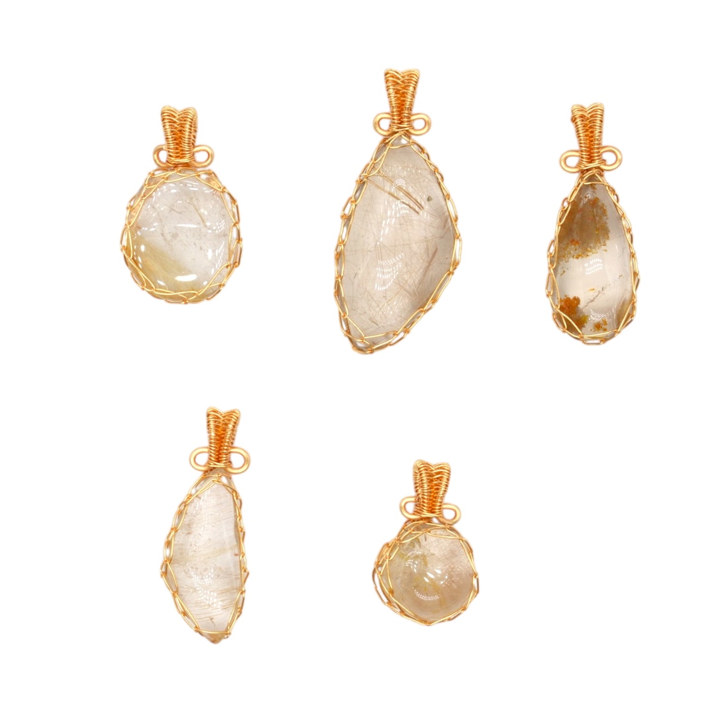 Rutilated quartz pendant, irregular shape — Gold-plated brass wire setting