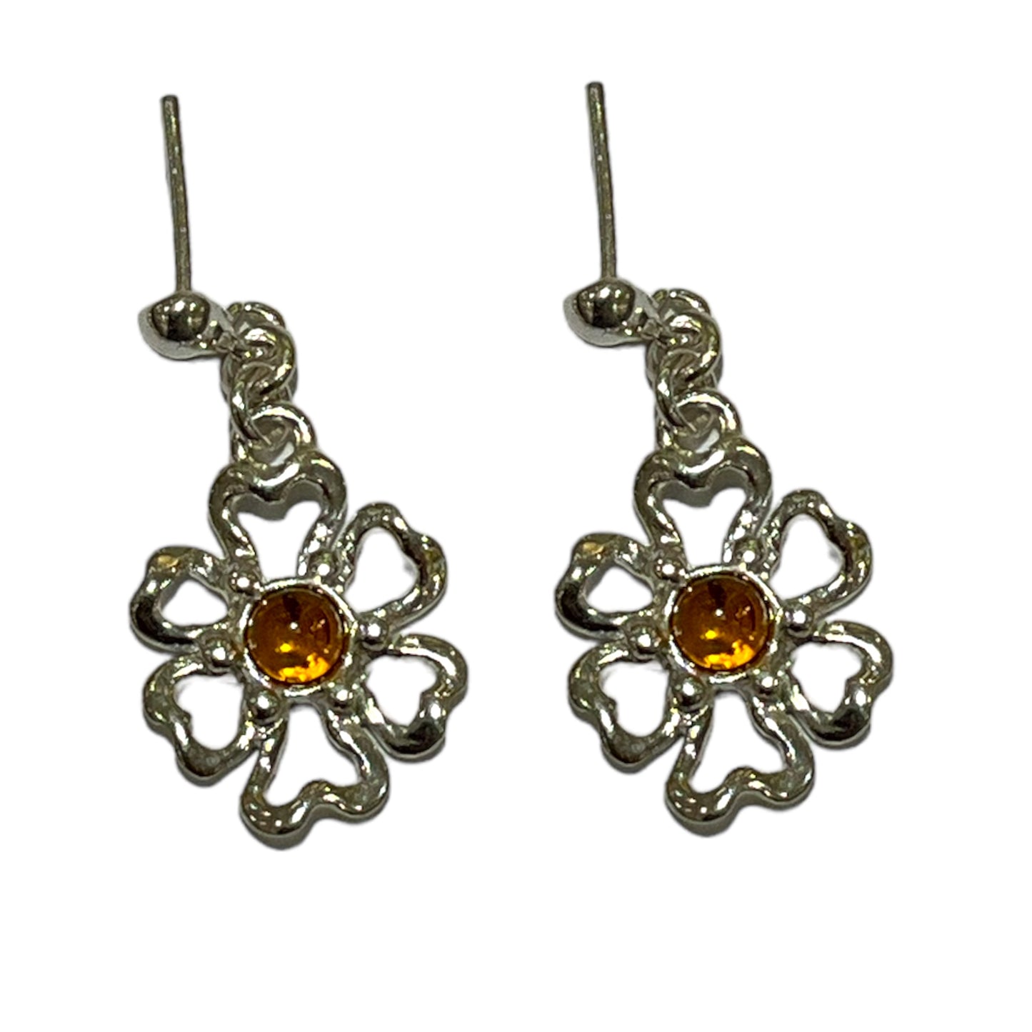 Boucle d'oreille fleurs martelé en ambre & Argent 925