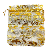 Load image into Gallery viewer, 100 pochon organza blanc fleur doré 10 x 12 cm
