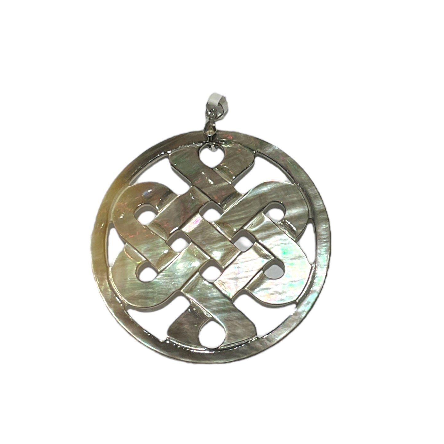 Pendentif nœud celtique en nacre Abalone gris/maronné (symbole spiritualité & protection)