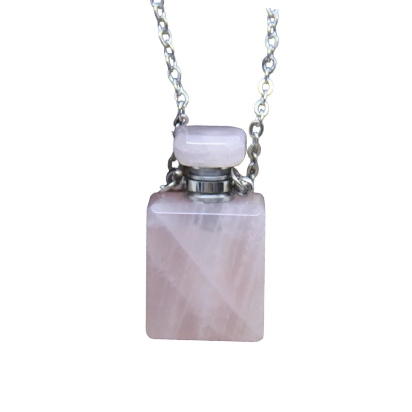 Collier fiole en quartz rose pour huile essentiel/parfum