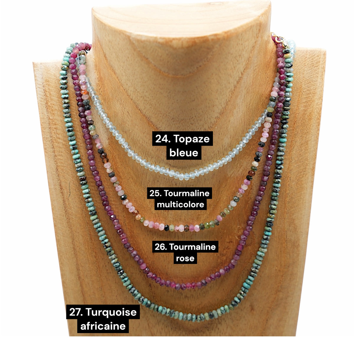 Collier en pierre naturelle facetté 3x4mm acier inoxydable doré/argenté (31 pierres disponibles)