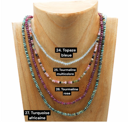 Collier en pierre naturelle facetté 3x4mm acier inoxydable doré/argenté (31 pierres disponibles)