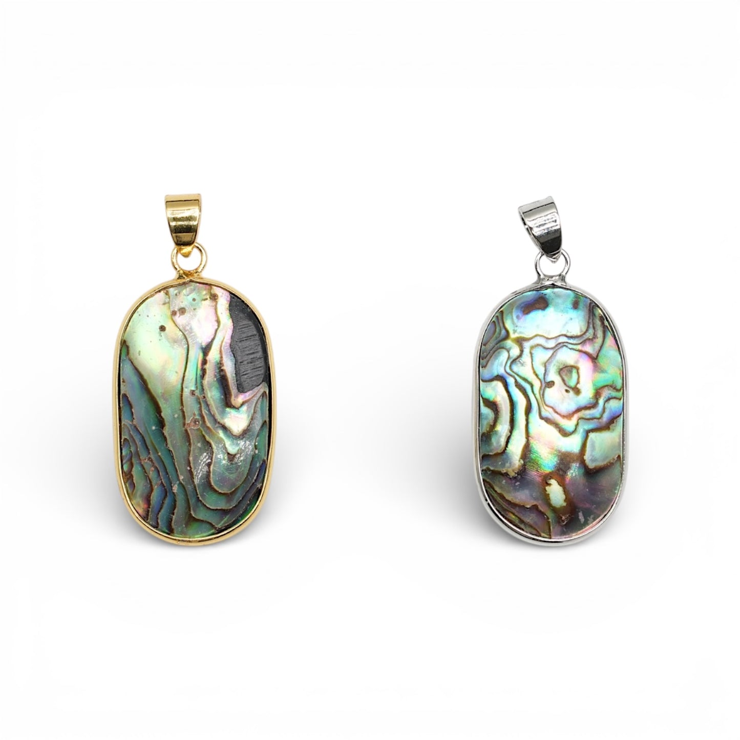Pendentif ovale rectangulaire 3x1.8 mm en coquille d’abalone – Monture dorée ou argentée