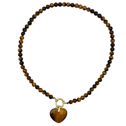 Collier boule en oeil de tigre attache bouée en acier dorée avec pendentif coeur